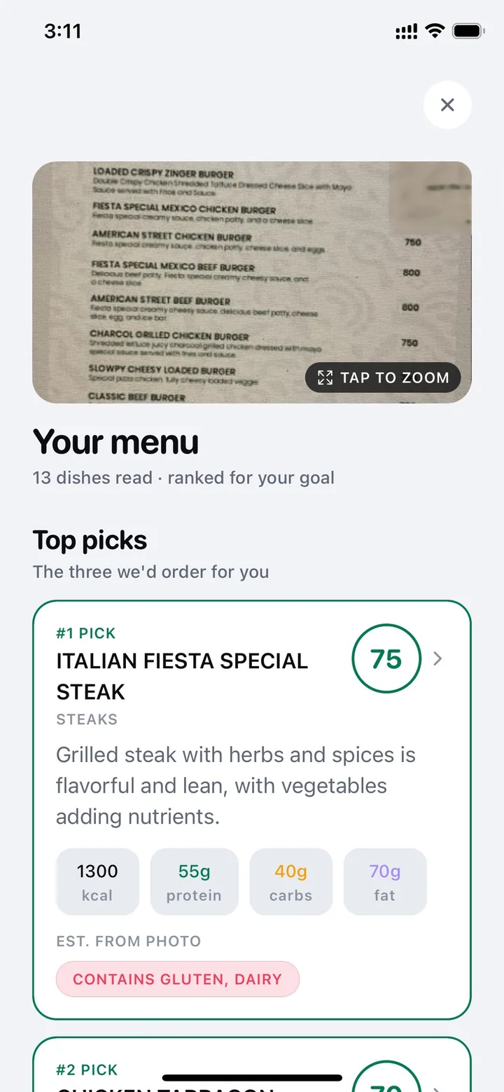 A scanned restaurant menu with 13 dishes ranked for your goal
