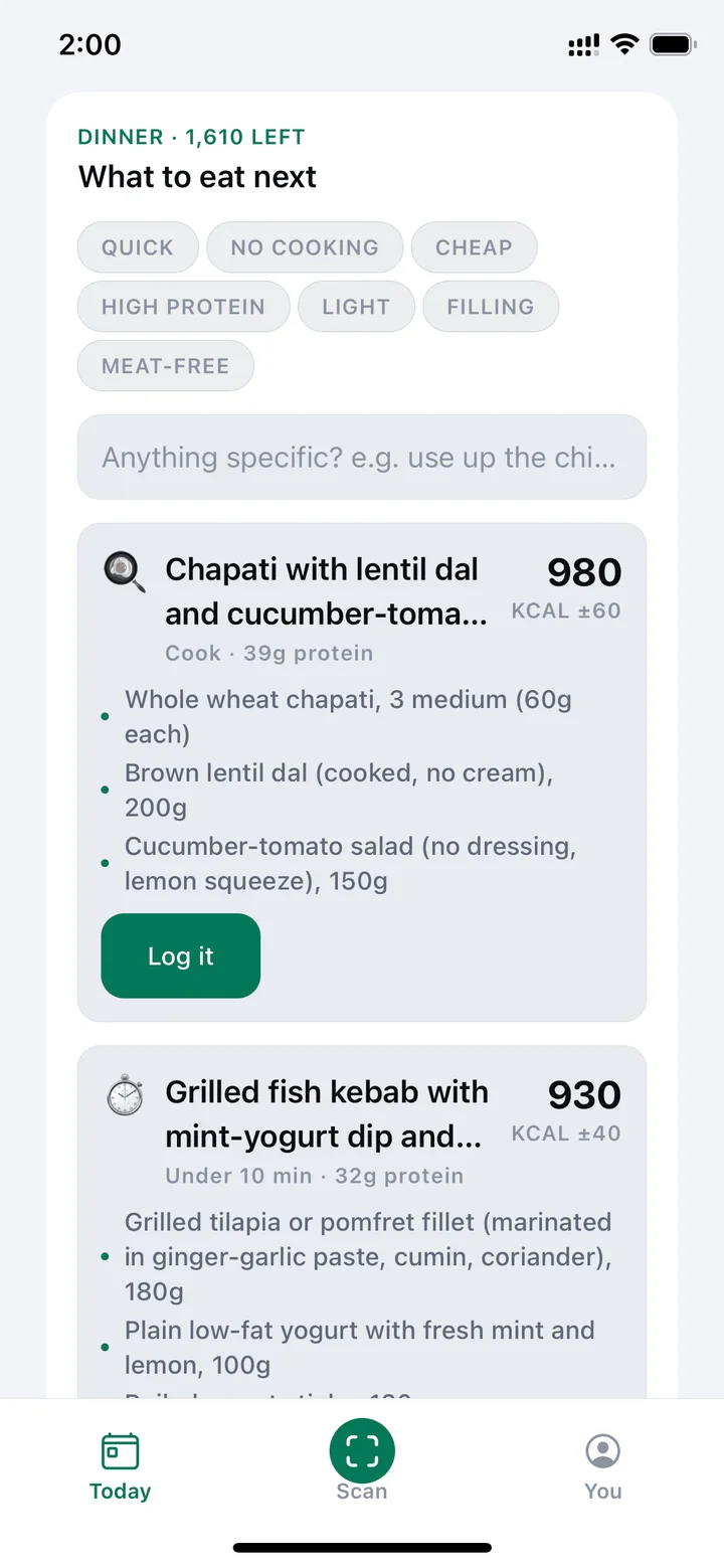 What to eat next: meal ideas that fit the 1,610 kcal left for dinner